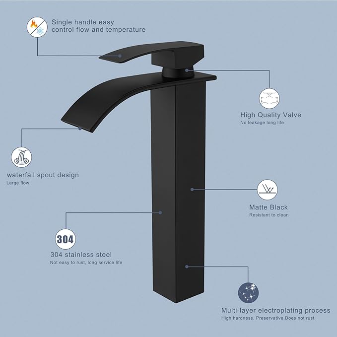 RUMOSE Tall Bathroom Faucet Matte Black Vessel Sink Faucet with Pop Up Drain Modern Single Handle One Hole Waterfall Vanity Tap, Stainless Steel