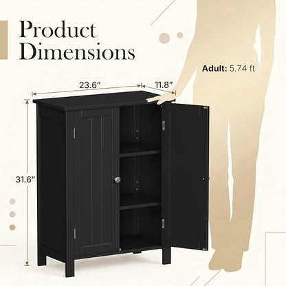 SUPER DEAL Modern Bathroom Floor Storage Cabinet with Adjustable Shelf and Double Door Rust Proof, Living Room Modern Home Furniture Storage Organizer Cabinet, Black