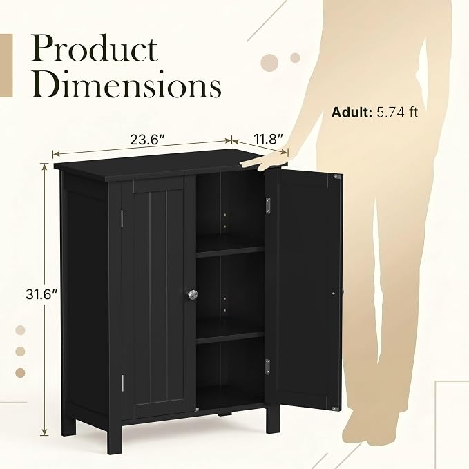 ZENY Bathroom Floor Storage Cabinet with Double Door + Adjustable Shelf, Wooden Organizer Cabinet for Living Room, Bathroom, Bedroom, Modern Home Furniture (Black)