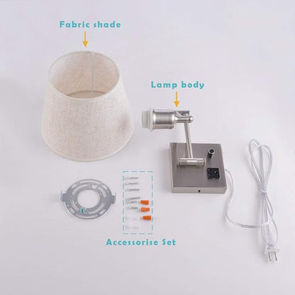 Bedside Wall Mount Light with Dimmable Switch and Outlet, Swing Arm Fabric Shade Wall Sconce Light with USB Port and Plug in Cord, Satin Nickel Wall Lamp for Bedroom, Living Room and Hotel
