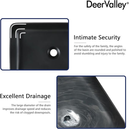 DeerValley Ally 19x15 Inch Matte Black Rectangular Vessel Sink, Above Counter Ceramic Bathroom Basin, DV-2V031