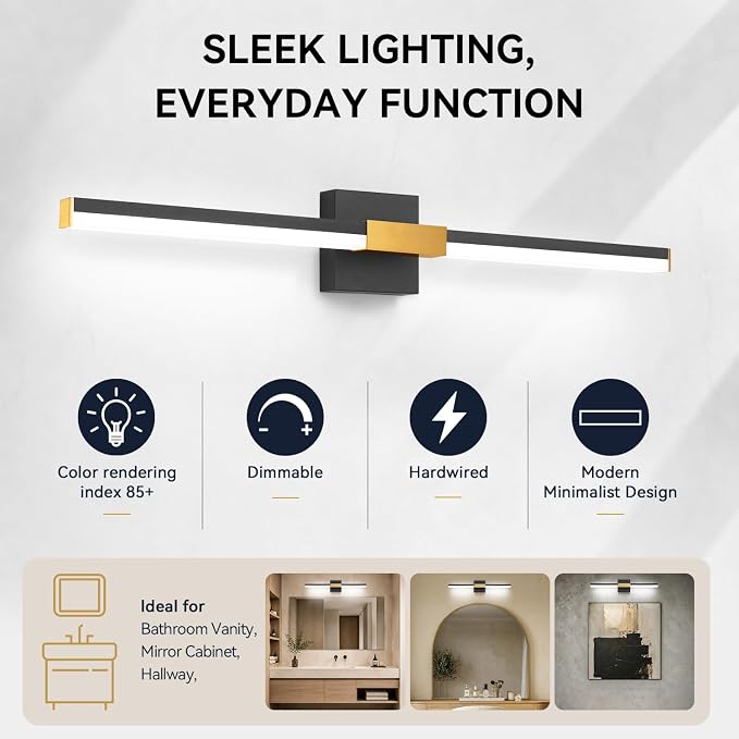 SOLFART Bathroom Lighting Fixtures Over Mirror: 32-Inch Black and Gold Dimmable Built-in Step Dimming Vanity Light ETL IP44