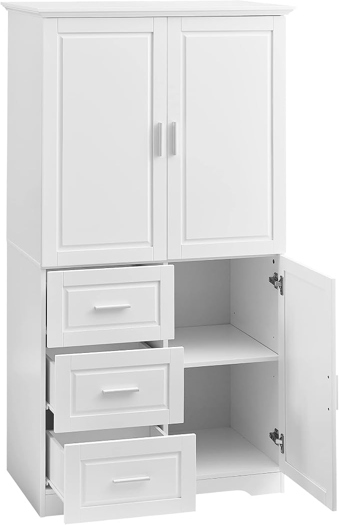 Merax 62.2" Pantry Cabinet with Three Doors & Three Drawers, Adjustable Shelves Storage Cupboard for Kitchen/Dining Room/Bathroom, White