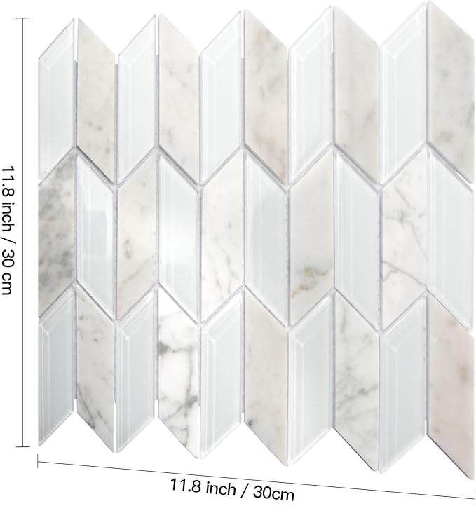 Art3d 11x12 inch White Marble Glass Mosaic Tile, Mesh-Mounted (4 sq.ft/Box) for Kitchen Backsplash, Bathroom, Shower Wall, 5 Pieces