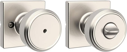 Kwikset Maven Interior Privacy Door Knob with Lock, Square Door Handle for Bathroom and Bedroom, Satin Nickel Keyless Turn Lock Doorknob, with Microban Protection