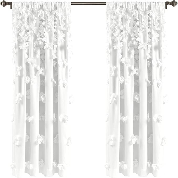 Lush Decor Riley Light Filtering Window Curtain Panel, Single 54" W x 63" L, White - Cute White Curtains for Bedroom - Bow Decor - Coquette Curtains for Windows (Pack of 4)