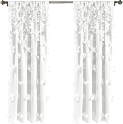 Lush Decor Riley Light Filtering Window Curtain Panel, Single 54" W x 63" L, White - Cute White Curtains for Bedroom - Bow Decor - Coquette Curtains for Windows (Pack of 4)