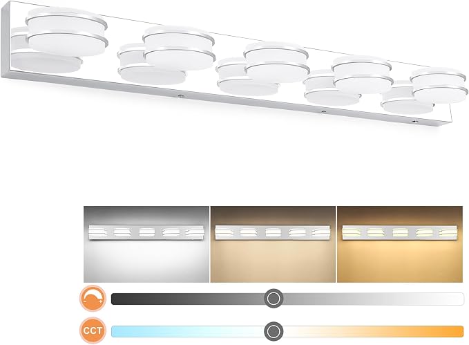 3 Color Temperature Dimmable Bathroom Light Fixtures over Mirror, LED Chrome 5 Light Vanity Lighting Fixtures, Acrylic Stainless Steel Square Shade Vanity Lights for Bathroom, ETL Certificated