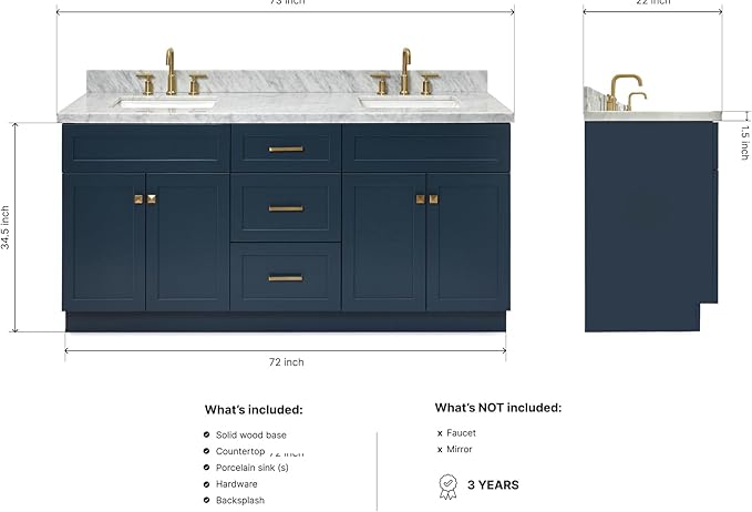 DKB Bradford 72 Inch Bathroom Vanity Double Sink — Midnight Blue Bathroom Vanity with Sink, 1.5" Edge Italian Carrara Marble Countertop & Backsplash, 4 Soft-Close Doors, and 3 Dovetail Drawers