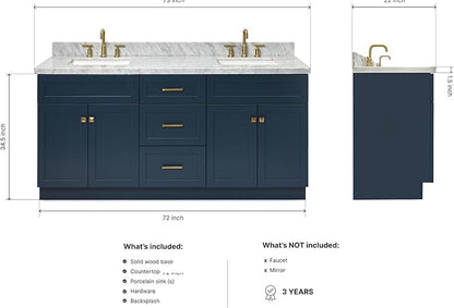 DKB Bradford 72 Inch Bathroom Vanity Double Sink — Midnight Blue Bathroom Vanity with Sink, 1.5" Edge Italian Carrara Marble Countertop & Backsplash, 4 Soft-Close Doors, and 3 Dovetail Drawers