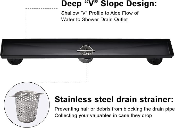 Linear Shower Floor Drain, Black 18 Inch 304 Stainless Steel Bathroom Drains Kit, Rectangular Shower Trench Drain with Reversable Tile-in Pattern Drain Cover & Hair Catcher