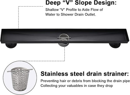 Linear Shower Floor Drain, Black 18 Inch 304 Stainless Steel Bathroom Drains Kit, Rectangular Shower Trench Drain with Reversable Tile-in Pattern Drain Cover & Hair Catcher