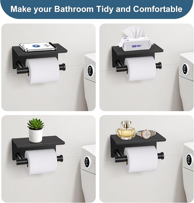 Matte Black Bathroom Hardware Set, 5 Pieces Black Towel Bar Bathroom Accessories Set, Upgraded Toilet Paper Holder with Shelf, 23.6 Inch Towel Rack Towel Holder for Bathroom Wall
