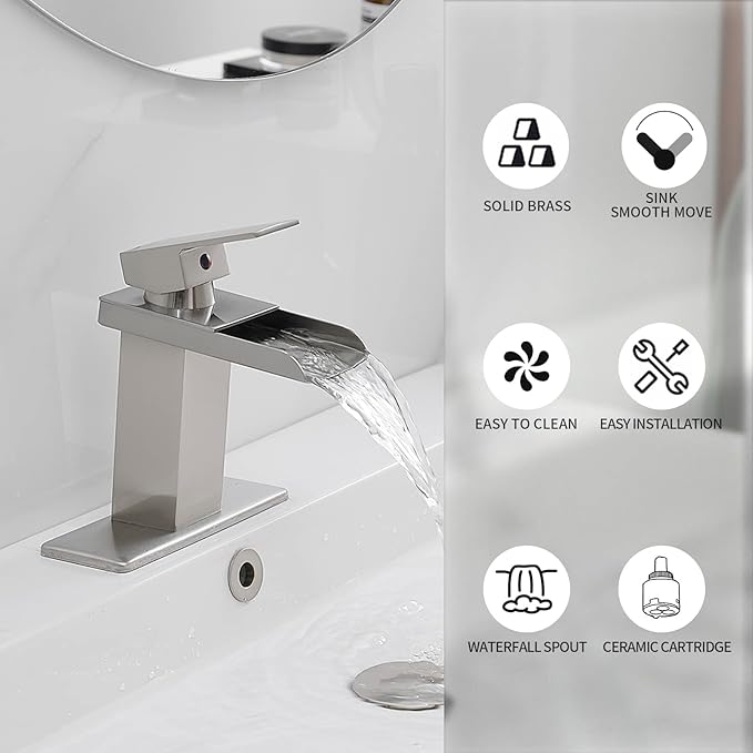 BWE Waterfall Bathroom Faucet Brushed Nickel with Pop Up Drain Stopper Assembly and Supply Line Single Handle for Sink One Hole Faucets Vanity Lavatory Mixer Tap