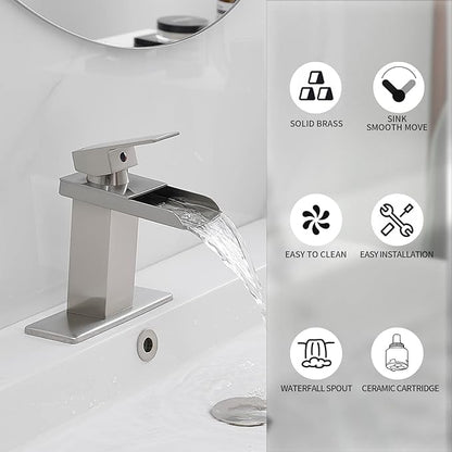 BWE Waterfall Bathroom Faucet Brushed Nickel with Pop Up Drain Stopper Assembly and Supply Line Single Handle for Sink One Hole Faucets Vanity Lavatory Mixer Tap