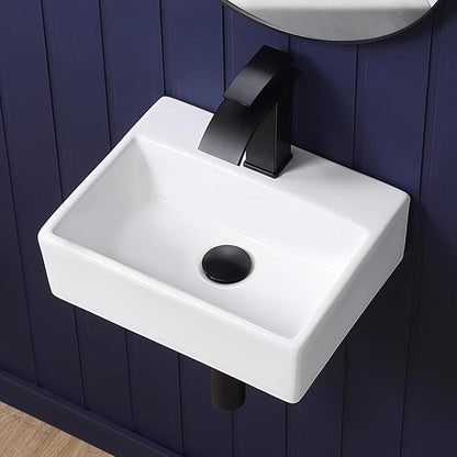 Wall Mount Bathroom Vessel Sink 15"x12" Rectangular Floating White Porcelain Ceramic Wall Hung Vanity Basin Sink for Home,RV,Bathroom