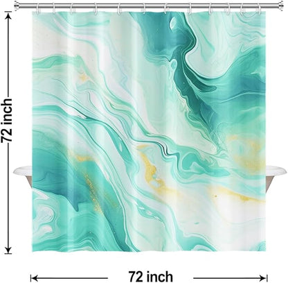 Turquoise Shower Curtain, Modern Teal and Gold Marble Shower Curtain for Bathroom Aesthetic Waterproof Shower Curtain Set with Hooks, 72x72 Inch