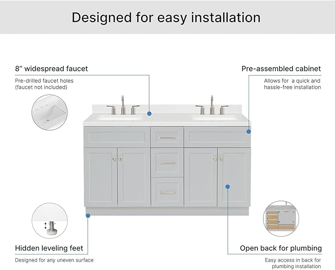 ARIEL Hamlet 60-inch Bathroom Vanity with Sink,Solid Wood, 1.5-inch Carrara White Quartz Countertop & Backsplash, Double Rectangular Porcelain Sink, 4 Soft Closing Doors, 3 Dovetail Drawers, Grey