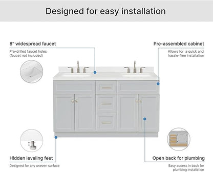 ARIEL Hamlet 60-inch Bathroom Vanity with Sink,Solid Wood, 1.5-inch Carrara White Quartz Countertop & Backsplash, Double Rectangular Porcelain Sink, 4 Soft Closing Doors, 3 Dovetail Drawers, Grey