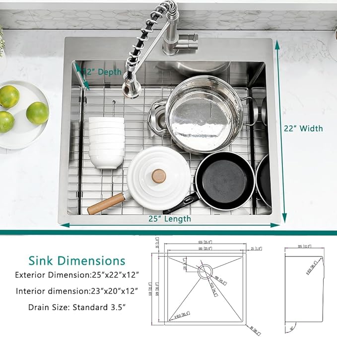 25 Inch Drop In Utility Sink with Faucet, 25"x22"x12" Drop In Laundry Sink 16 Gauge Stainless Steel Utility Sink 12" Deep Single Bowl Laundry Room Sink