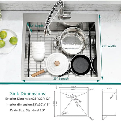 25 Inch Drop In Utility Sink with Faucet, 25"x22"x12" Drop In Laundry Sink 16 Gauge Stainless Steel Utility Sink 12" Deep Single Bowl Laundry Room Sink