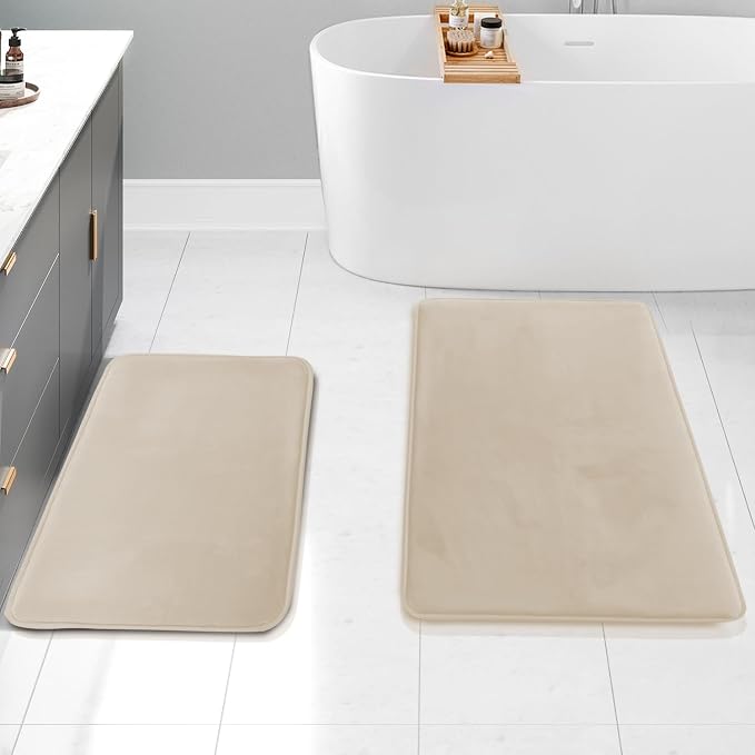 Clara Clark 2 Piece Bathroom Rug Set - Memory Foam, Bath Mat Set, Plush, Cozy, Ultra Soft, Non Slip, Machine Washable, Quick Dry - 24” x 17”+ 32” x 20” - Linen