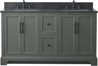 HOMEBEYOND 60 Inch Bathroom Vanity with Double Sink & Ceramic Top, Vanity Cabinet with Center Countertop Basin, Soft-Closing Doors, Backsplash,Vintage Green