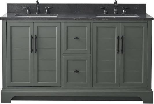 HOMEBEYOND 60 Inch Bathroom Vanity with Double Sink & Ceramic Top, Vanity Cabinet with Center Countertop Basin, Soft-Closing Doors, Backsplash,Vintage Green