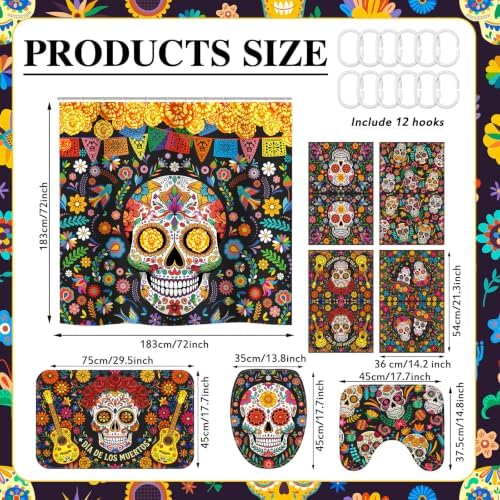 FuWeave 8 Pcs Day of the Dead Shower Curtain Set for Bathroom Decor, Mexican Sugar Skull & Floral Dia De Los Muertos Shower Curtain with Towels, Non Slip Bath Mat, Toilet Lid Cover and 12 Hooks