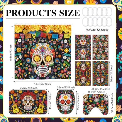 FuWeave 8 Pcs Day of the Dead Shower Curtain Set for Bathroom Decor, Mexican Sugar Skull & Floral Dia De Los Muertos Shower Curtain with Towels, Non Slip Bath Mat, Toilet Lid Cover and 12 Hooks