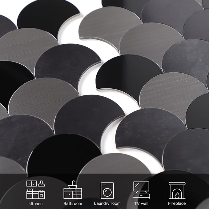 Fish Scale Black Peel and Stick Backsplash Tile, Fan Mosaic Self Adhesive Wall Tiles for Kitchen Bathroom-12 Sheet