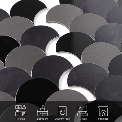 Fish Scale Black Peel and Stick Backsplash Tile, Fan Mosaic Self Adhesive Wall Tiles for Kitchen Bathroom-12 Sheet