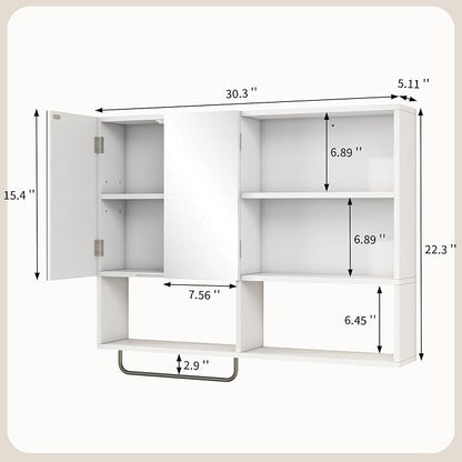 Bathroom Wall Cabinet, Medicine Cabinet, with Mirror & Towel Bar, White