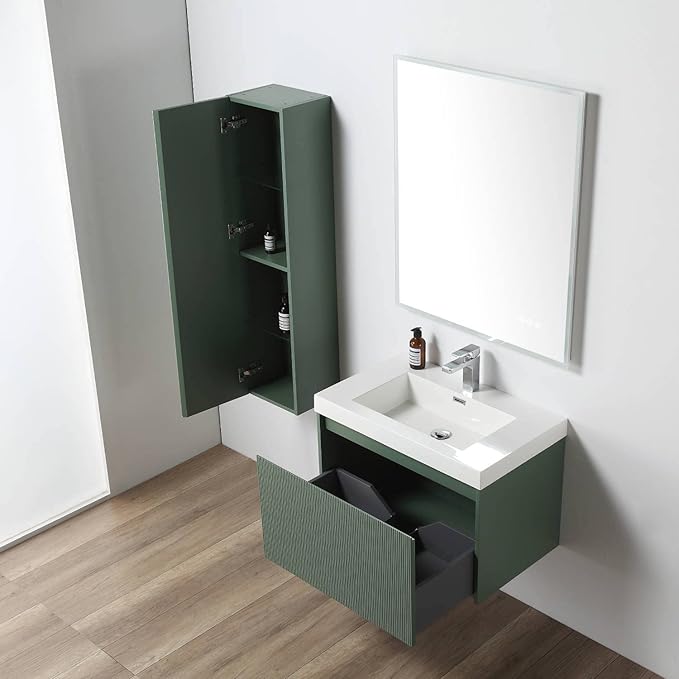 Blossom 30 Inch Bathroom Vanity with Sink and Side Cabinet, All Wood Floating Bathroom Vanity with Acrylic Sink, Bathroom Sink Cabinet with Soft-Close Drawer, Modern Style Vanities, Aventurine Green