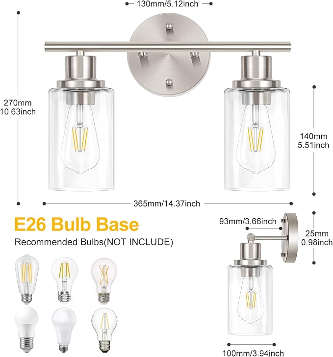2-Light Wall Light Fixture, Bathroom Vanity Light Over Mirror | Wall Sconce Light Fixture with Clear Glass Shade Brushed Nickel Modern Metal Wall Lights for Hallway Bedroom Living Room