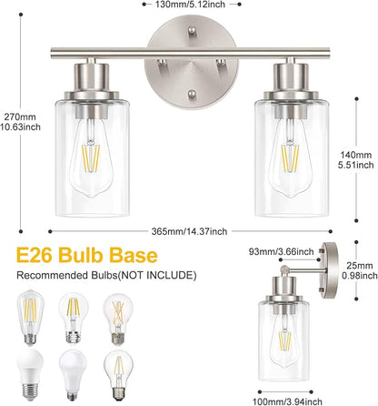 2-Light Wall Light Fixture, Bathroom Vanity Light Over Mirror | Wall Sconce Light Fixture with Clear Glass Shade Brushed Nickel Modern Metal Wall Lights for Hallway Bedroom Living Room