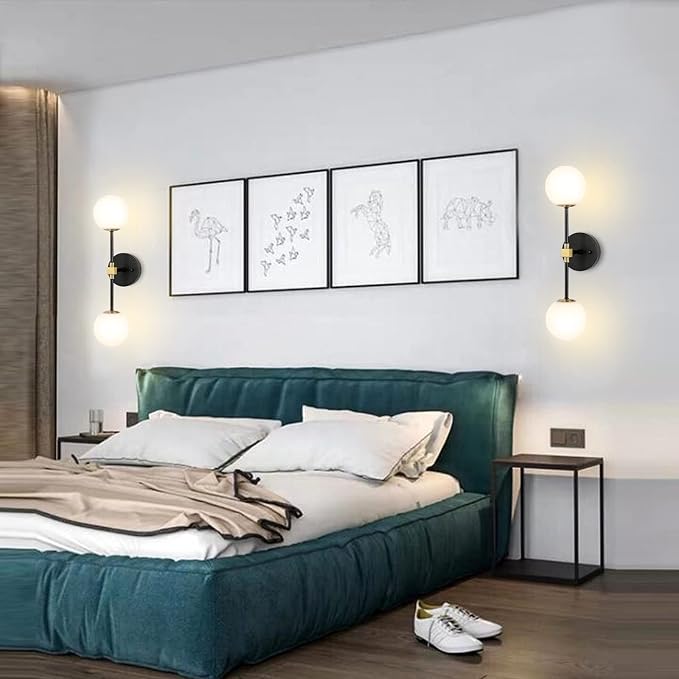 Modern Wall Sconce 2-Lights Industrial Mid Century Bathroom Vanity Wall Light with White Globe Glass Shade Gold & Black Finished Lighting Fixture