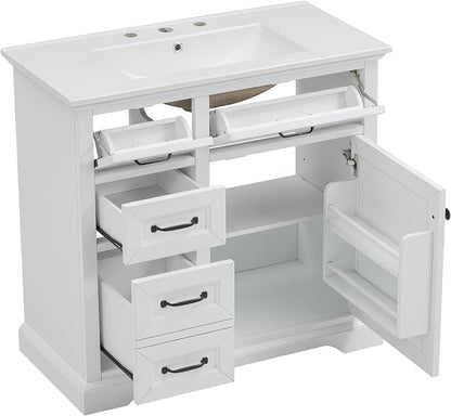 36" Bathroom Vanity with Ceramic Sink,Freestanding Storage Cabinet w/Soft-Close Door and 2 Tip-Out & 2 Drawers,Undermount Single Basin Bath Vanity Set w/Adjustable Shelf,White
