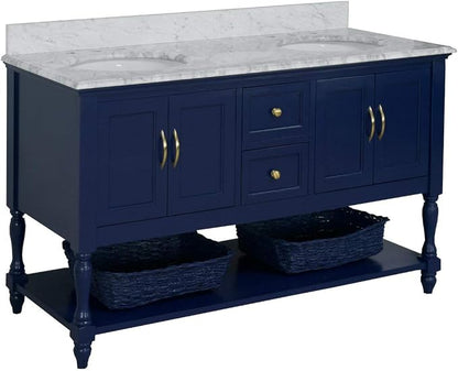 Beverly 60-inch Double Bathroom Vanity (Carrara/Royal Blue): Includes Royal Blue Cabinet with Authentic Italian Carrara Marble Countertop and White Ceramic Sinks