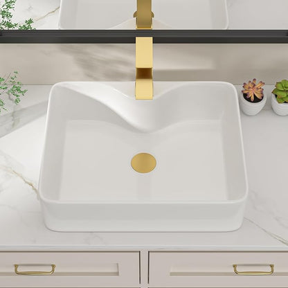 Dcolora 19 In. White Vessel Sink for Bathroom, Rectangular Above Counter Porcelain Ceramic Sink with Gold Accessories, 15"D x 19"W x 5"H #DC-SFDOE00087