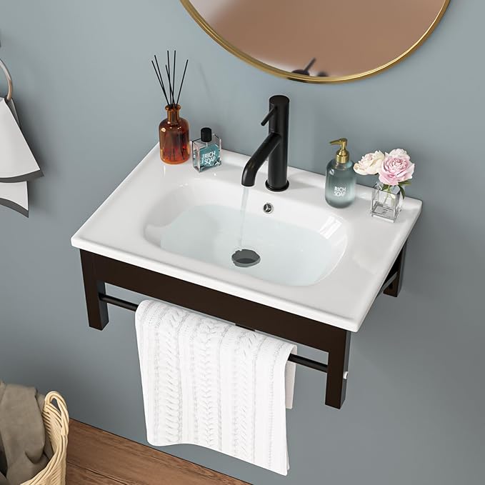 Sarlai Wall Hung Bathroom Vessel Sink with Towel Rack, 24x16 Inch Wall Mounted Rectangle Ceramic Bathroom Sink White Wash Modern Vanity Floating Basin
