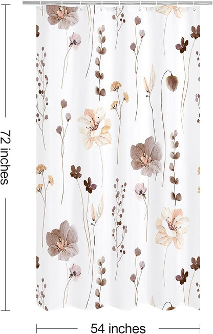 Brown Beige Watercolor Floral Fabric Shower Curtain, 54x72 | Waterproof Fabric, Modern Minimalist Floral Print, Machine Washable, Rustproof Grommets, for Bathroom Home, Stall