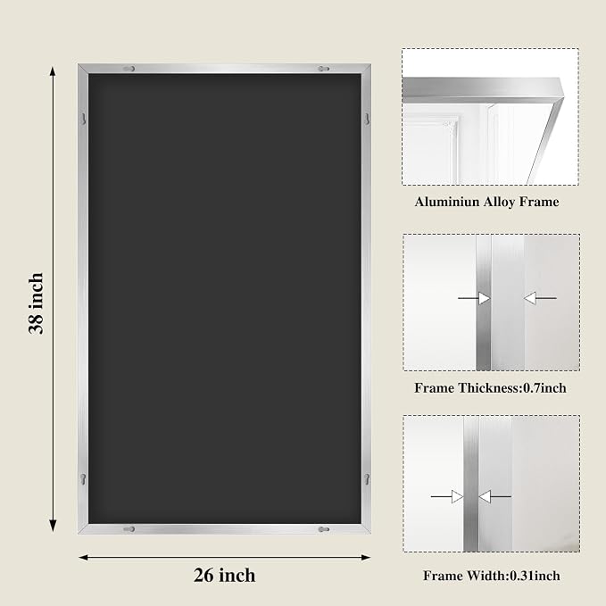 Koonmi Silver Rectangle Wall Mirror, 26x38 Inch Bathroom Mirror, Aluminum Frame Vanity Mirror for Entryway, Living Room, Bedroom Bathroom, Hangs Horizontally or Vertically