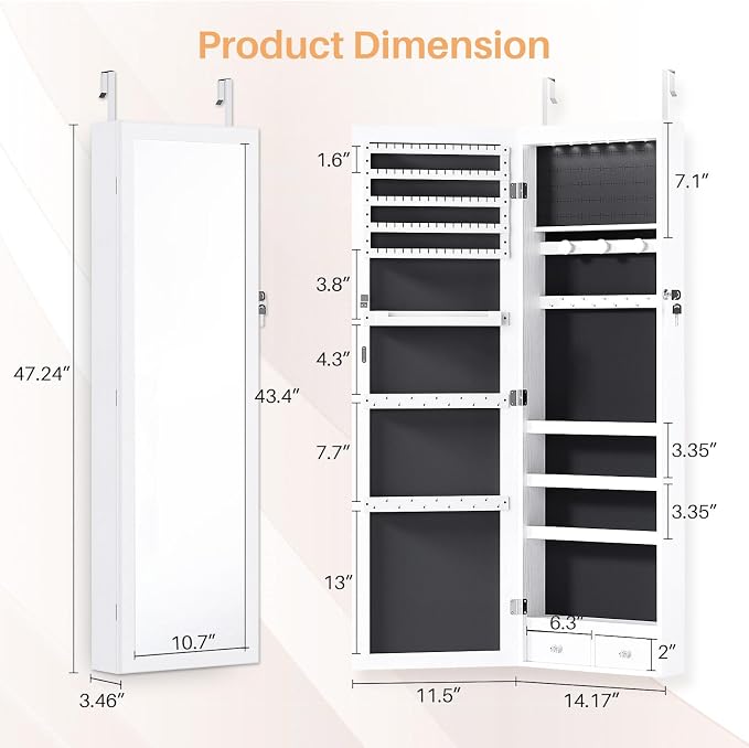 Jewelry Organizer Cabinet, Wall or Door Mounted 47.2-Inch Lockable Jewelry Armoire with Full-Length Mirror, 6 LEDs Large Capacity Jewelry Storage, White