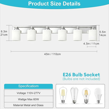 Modern Bathroom Lighting Fixtures Over Mirror, Vanity Lights for Bathroom, Wall Sconces with Milky White Glass Shades, E26 Ceramic Socket, 6-Light 43-inch Chrome