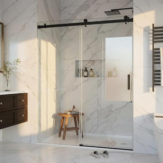 Frameless Sliding Shower Door, 56-60 Inches Wide x 76 Inches High, 1/4 Inch (6mm) Clear Tempered Glass with Matte Black Square Rail Design, Space-Saving Installation for Modern Bathrooms