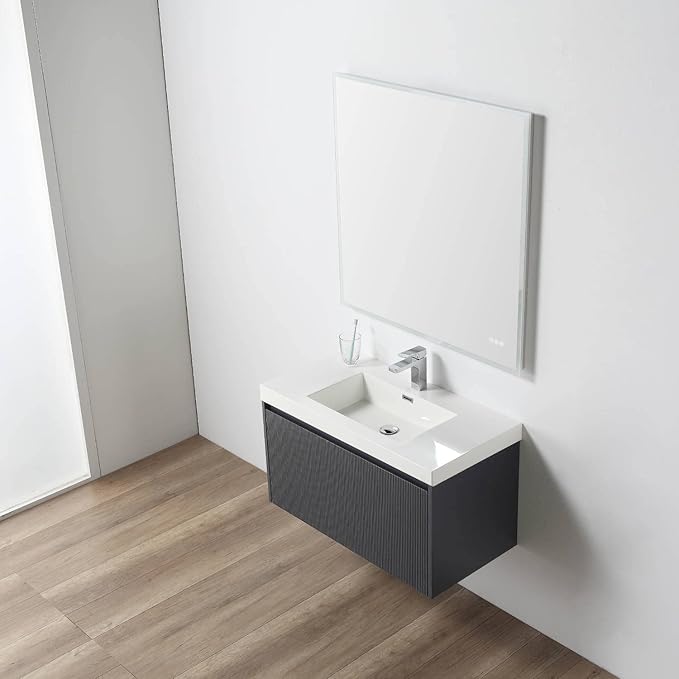 Blossom 36 Inch Bathroom Vanity with Sink, All Wood Wall Mounted Floating Bathroom Vanity Cabinet with Acrylic Sink, Bathroom Sink Cabinet with Soft-Close Drawer, Modern Style Vanities, Night Blue