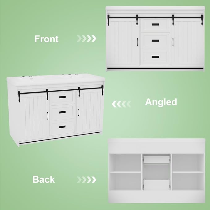 48" White Farmhouse Bathroom Vanity Double Sink, Freestanding Storage Vanity with 2 Barn Sliding Doors, 2 Drawers & 4 Shelves (Actual 47.3" L x 19.7" W x 35.5" H)