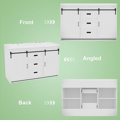 48" White Farmhouse Bathroom Vanity Double Sink, Freestanding Storage Vanity with 2 Barn Sliding Doors, 2 Drawers & 4 Shelves (Actual 47.3" L x 19.7" W x 35.5" H)