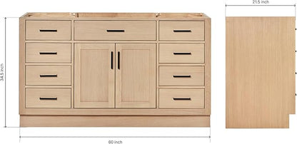 ARIEL Hepburn 60-inch Bathroom Vanity Base Cabinet,Solid Wood, 2 Soft Closing Doors, 9 Dovetail Drawers, White Oak